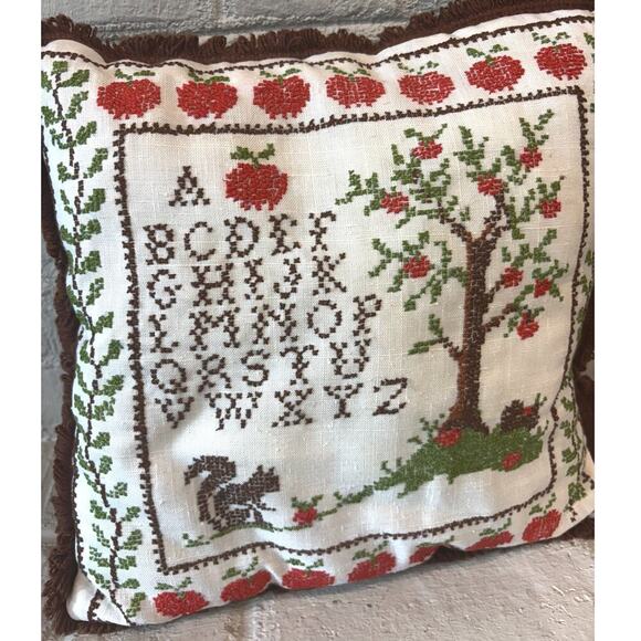Vintage Cross Stitch A, B, C Pillow Tree Squirrel - Picture 2 of 5